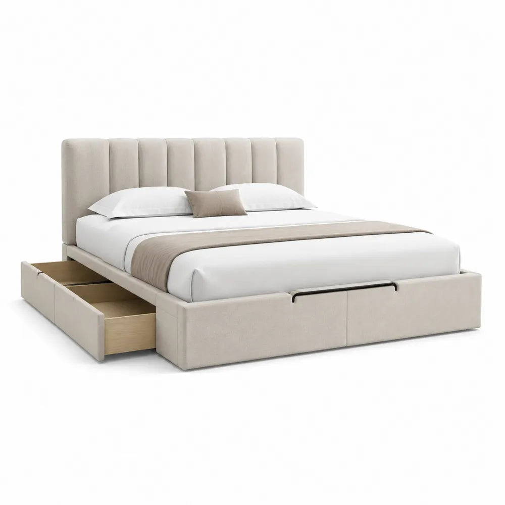 Polsterbett rechteckig 160 cm x 200 cm mit Stauraum und 2 Schubladen Stoffbezug Beige Kopfteil gesteppt Gold Akzente