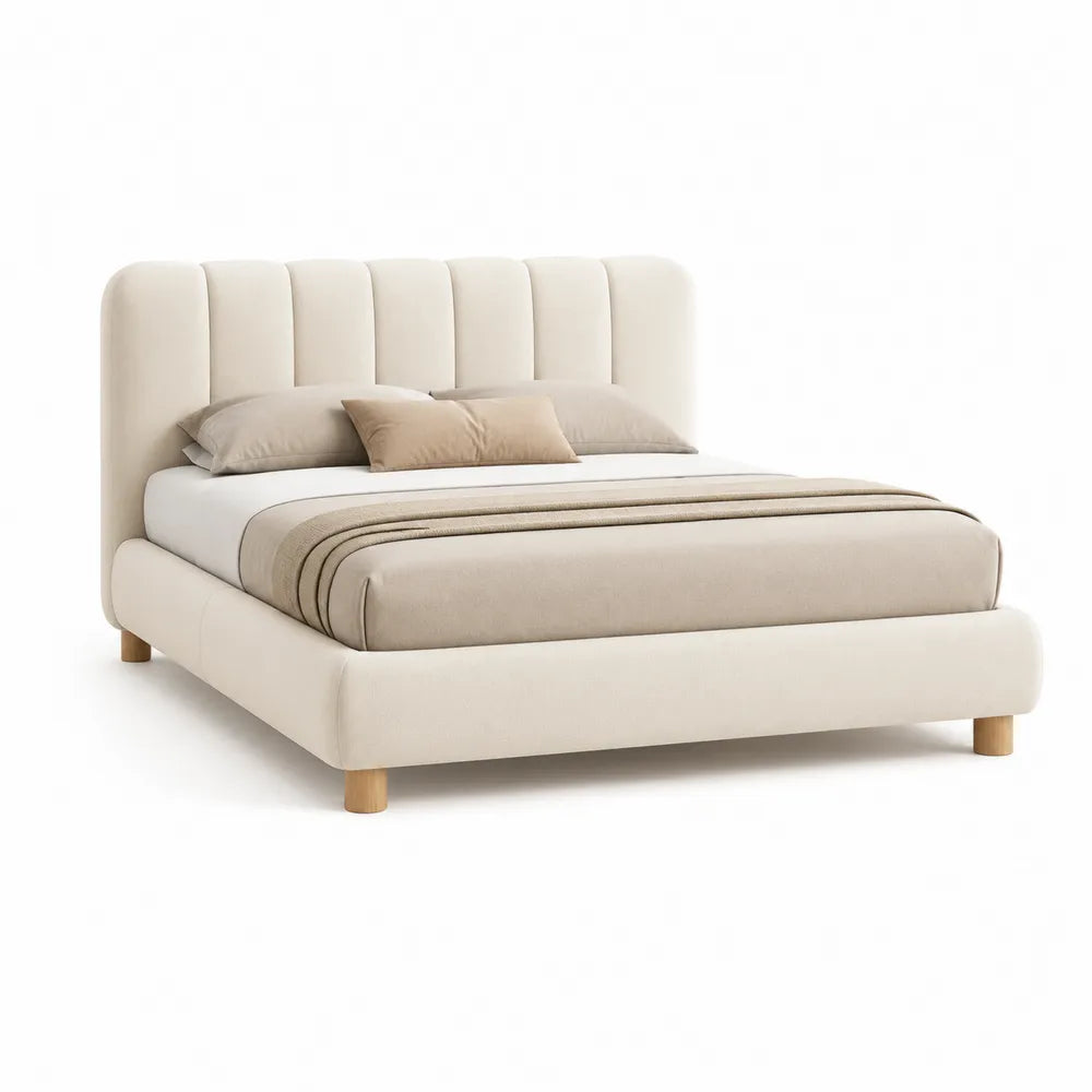 Polsterbett Bettgestell rechteckig 160 x 200 cm gepolstertes Kopfteil vertikal gesteppte Struktur Beige Holzfüße
