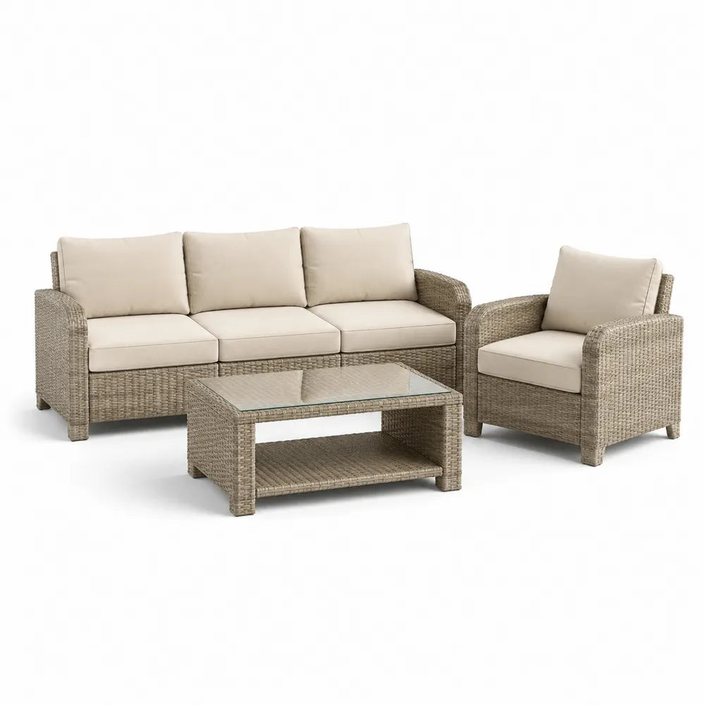 Gartensofa Set 3 Sitzer Sessel und Tisch L Form Polyrattan Aluminiumgestell PE Geflecht Polyester Kissen Gehärtetes Sicherheitsglas 200 x 150 x 65 cm Beige Grau