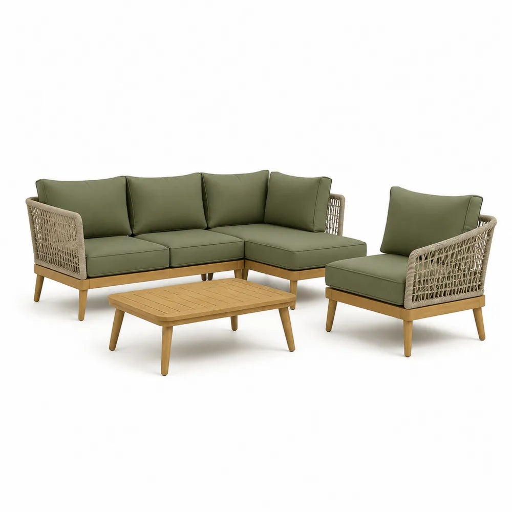 Gartensofa Set 3-teilig L-Form Sofa Sessel Couchtisch ca. 220 cm x 160 cm x 75 cm Rope Geflecht Grün Beige Naturholz