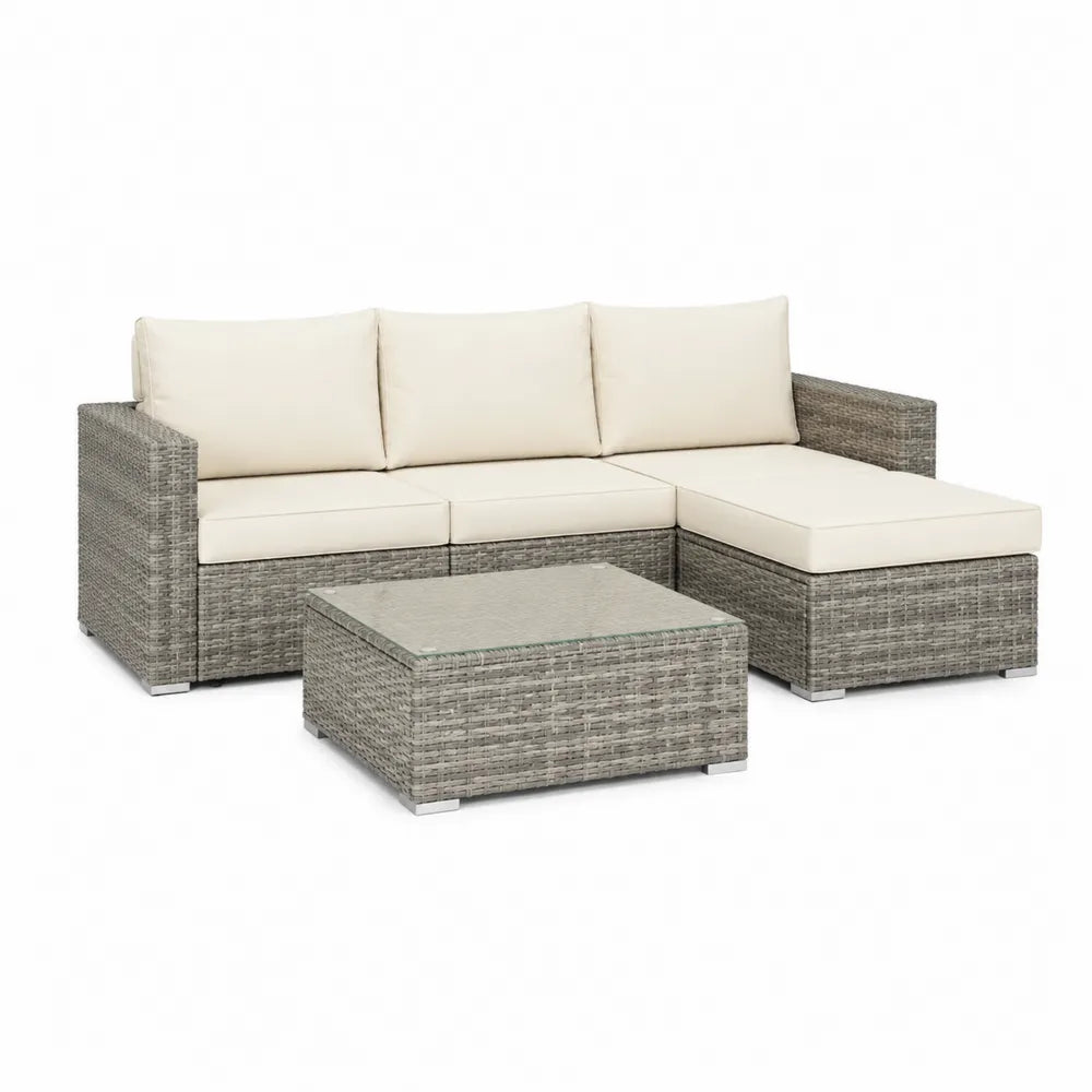 Gartensofa Set L-Form 240 cm x 150 cm x 75 cm Polyrattan Grau Beige Aluminiumgestell mit Couchtisch Glasplatte