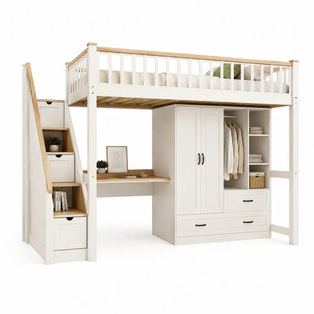 Hochbett mit Kleiderschrank Schreibtisch Treppe Stauraum 90 x 200 cm Weiß Naturholz Holzwerkstoff Jugendbett