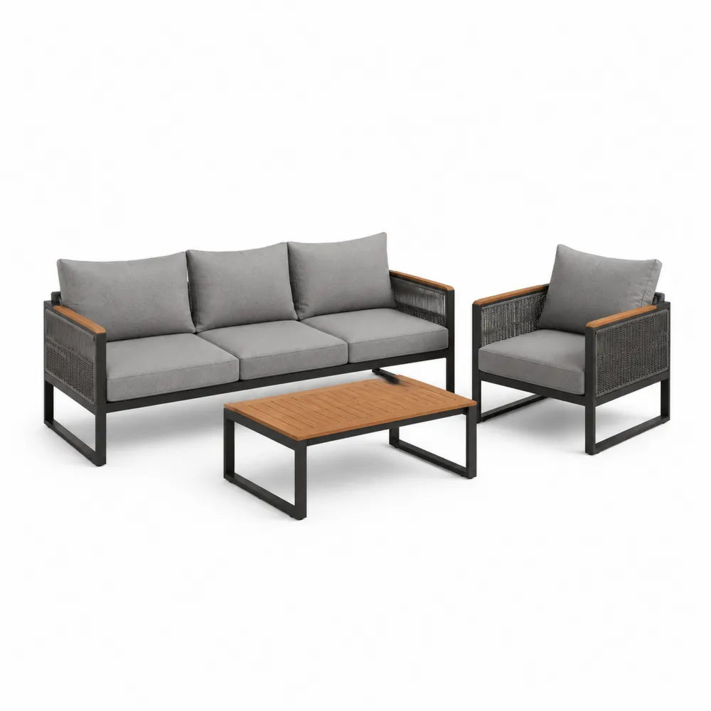 Gartensofa Set 3-teilig 3-Sitzer Sofa Sessel Couchtisch Aluminiumgestell Grau Schwarz Naturholz Rope Geflecht mit Sitzkissen