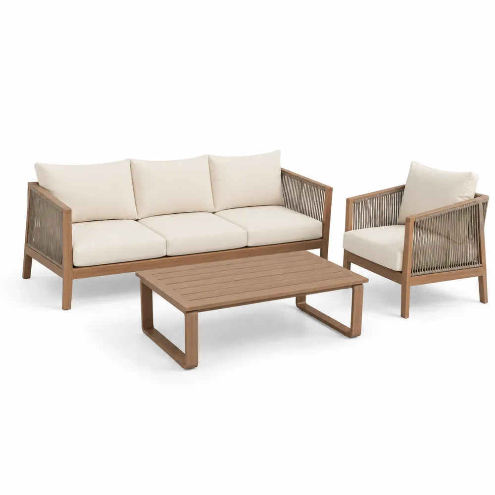 Gartensofa Set 3-teilig 200 x 75 x 70 cm Holz Natur Beige Outdoor Sofa mit Sessel und Couchtisch Akazienholz PE-Rope Geflecht