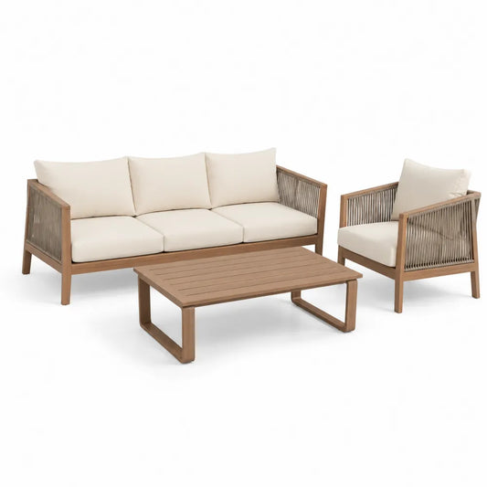 Gartensofa Set 3-teilig 200 x 75 x 70 cm Holz Natur Beige Outdoor Sofa mit Sessel und Couchtisch Akazienholz PE-Rope Geflecht