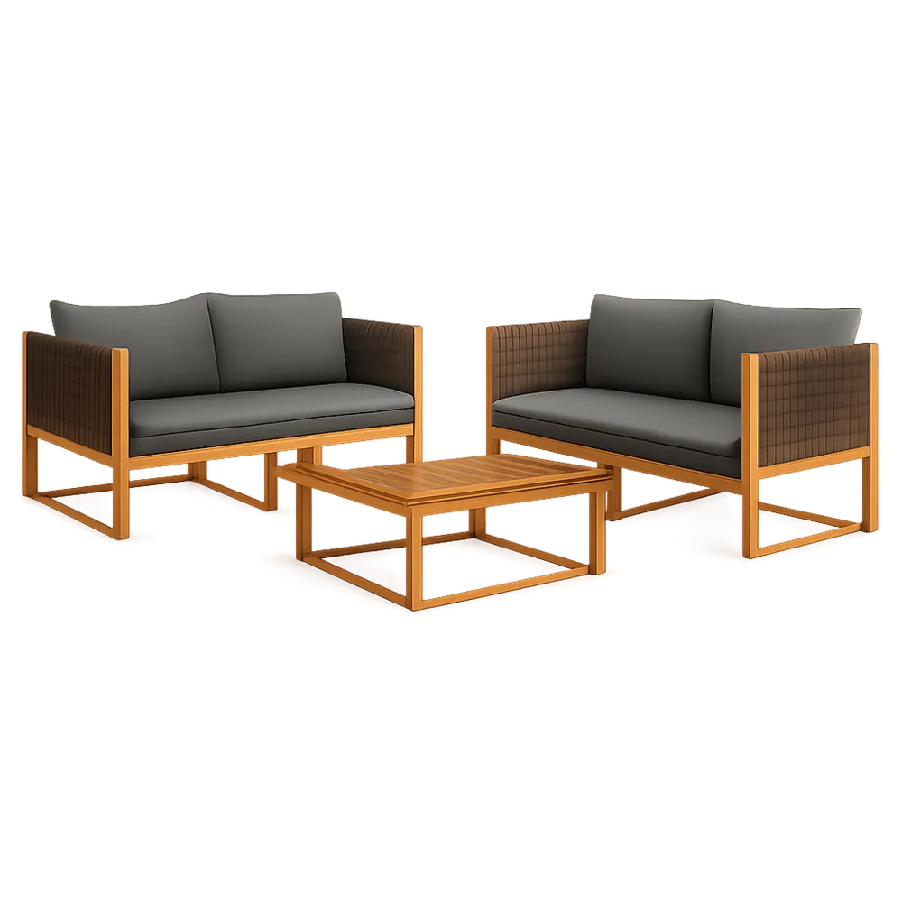 Gartensofa Set 3-teilig Lounge Sofa mit Couchtisch Holzrahmen Seilgeflecht Braun Grau