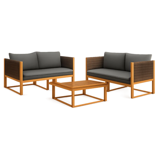 Gartensofa Set 3-teilig Lounge Sofa mit Couchtisch Holzrahmen Seilgeflecht Braun Grau