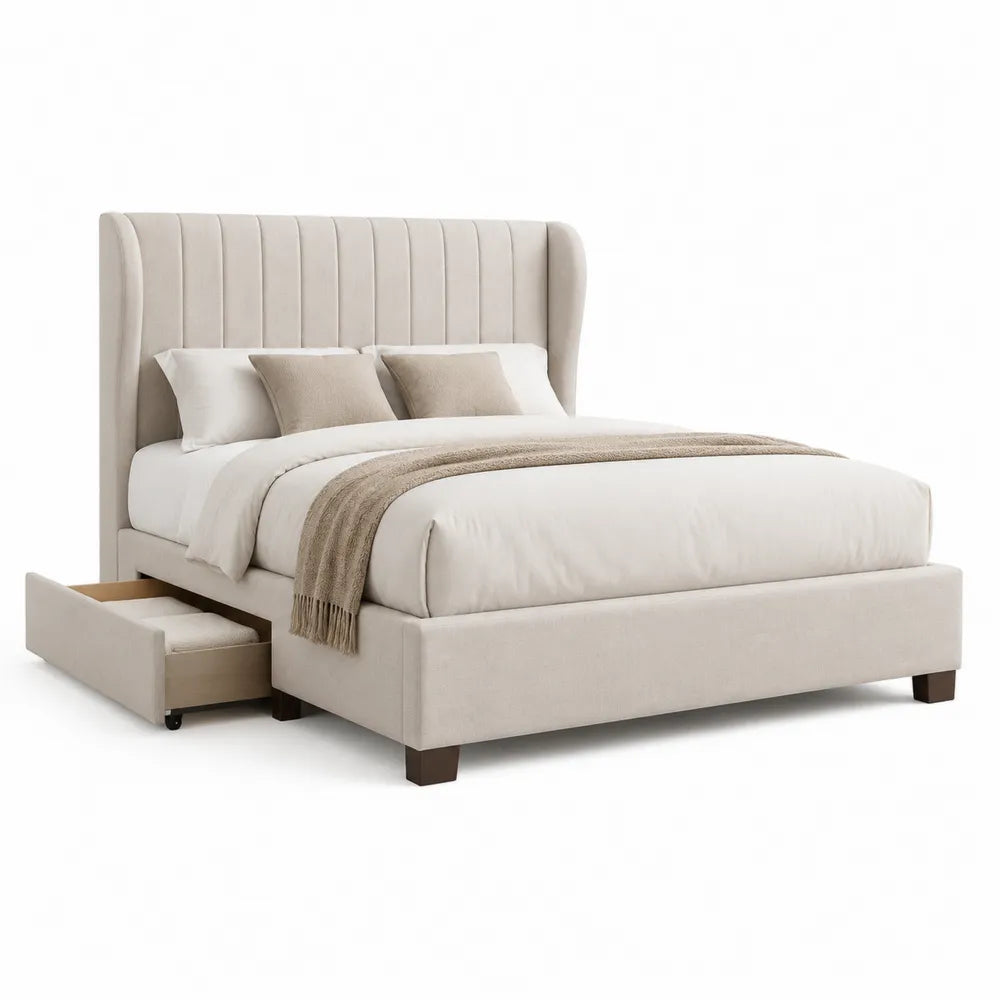 Polsterbett rechteckig mit Stauraum und Ausziehschublade 160 cm x 200 cm Beige Holzrahmen Stoffbezug Wingback Kopfteil