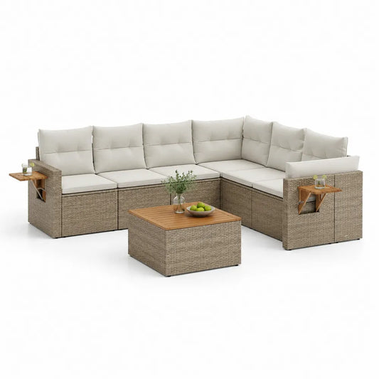 Garten Lounge Set L-Form 250 x 200 x 70 cm Polyrattan Aluminium Holz Couchtisch Beige Grau Outdoor Sofa Set