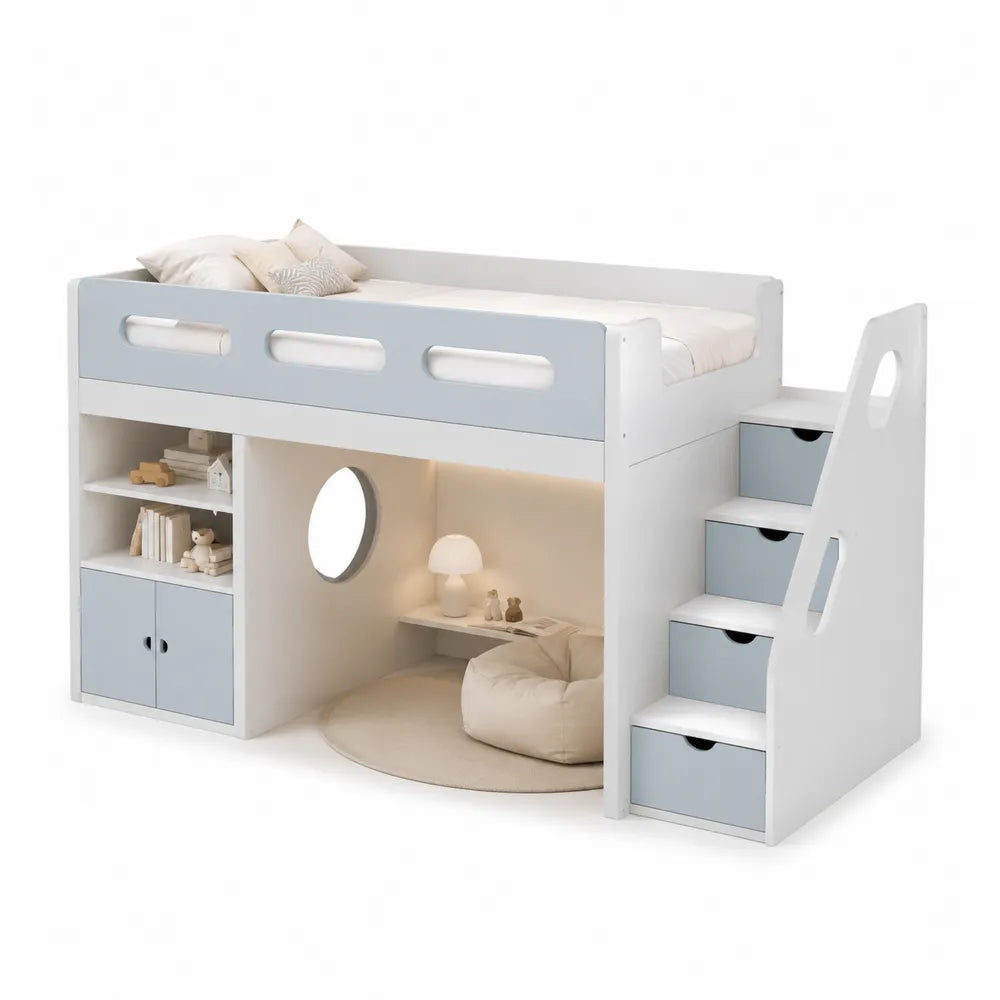 Hochbett 90 x 200 cm Kinderbett rechteckig Weiß Blau Holzwerkstoff mit Treppe Stauraum Schubladen Regal
