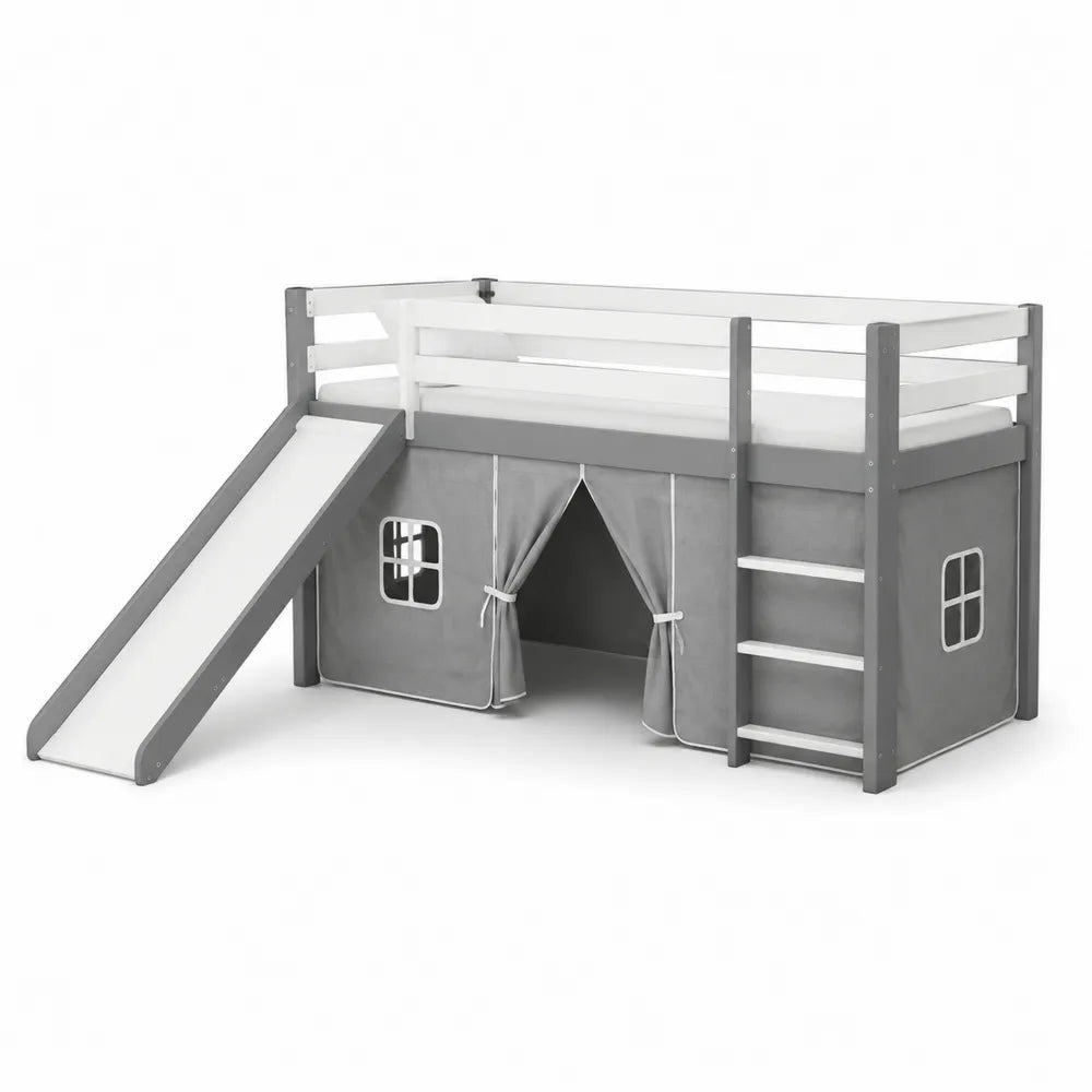 Hochbett 90 x 200 cm mit Rutsche Leiter Vorhang Spielhaus rechteckig Grau Weiß Naturholz Massivholz