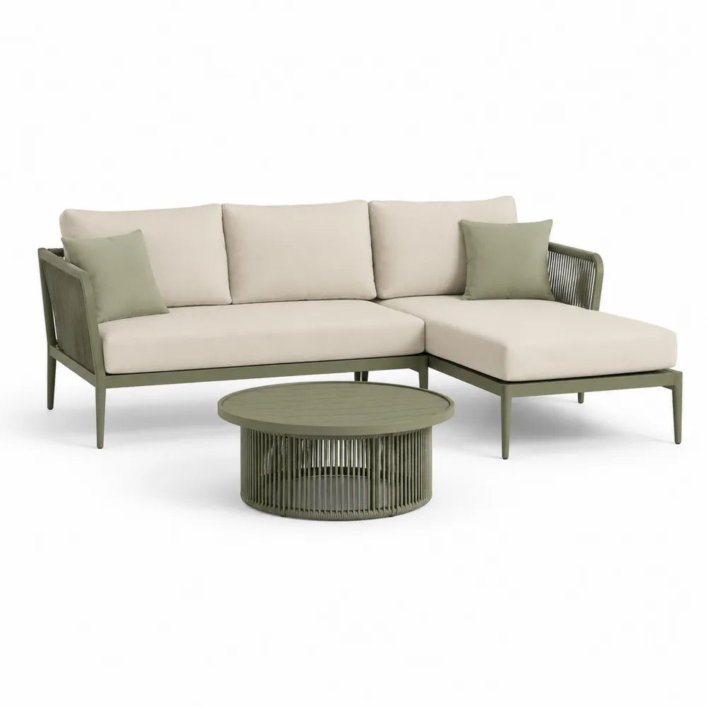 Gartensofa Lounge Set 3-teilig L-Form Sofa mit Couchtisch Aluminiumgestell Seilgeflecht Olivgrün Beige