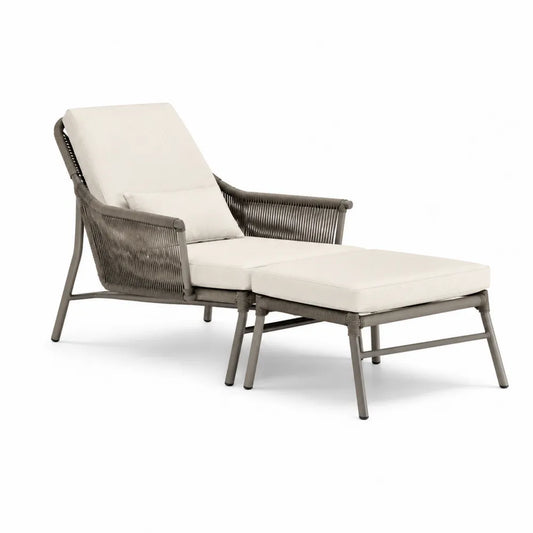 Gartenliege Lounge Sessel mit Hocker verstellbare Rückenlehne Polyrattan Grau Beige Aluminiumgestell ca. 165 cm x 65 cm x 80 cm mit 60 cm x 60 cm x 35 cm Hocker
