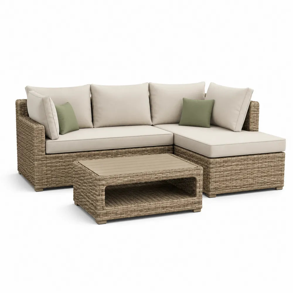 Gartensofa Lounge Set L-Form 245 cm x 165 cm x 70 cm Polyrattan Naturbeige Cremeweiß Olivgrün mit Couchtisch 95 cm x 55 cm x 38 cm