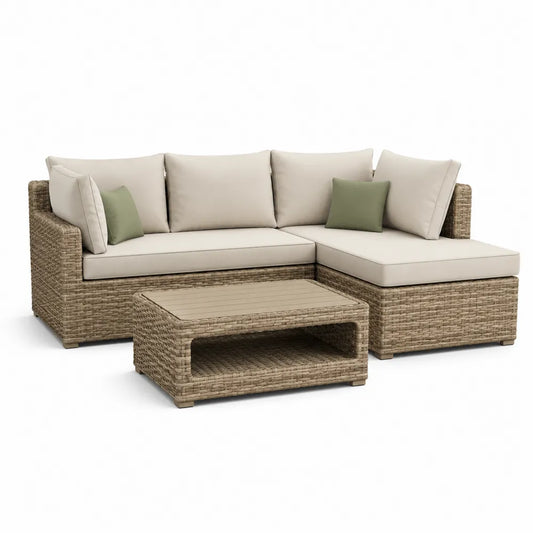 Gartensofa Lounge Set L-Form 245 cm x 165 cm x 70 cm Polyrattan Naturbeige Cremeweiß Olivgrün mit Couchtisch 95 cm x 55 cm x 38 cm