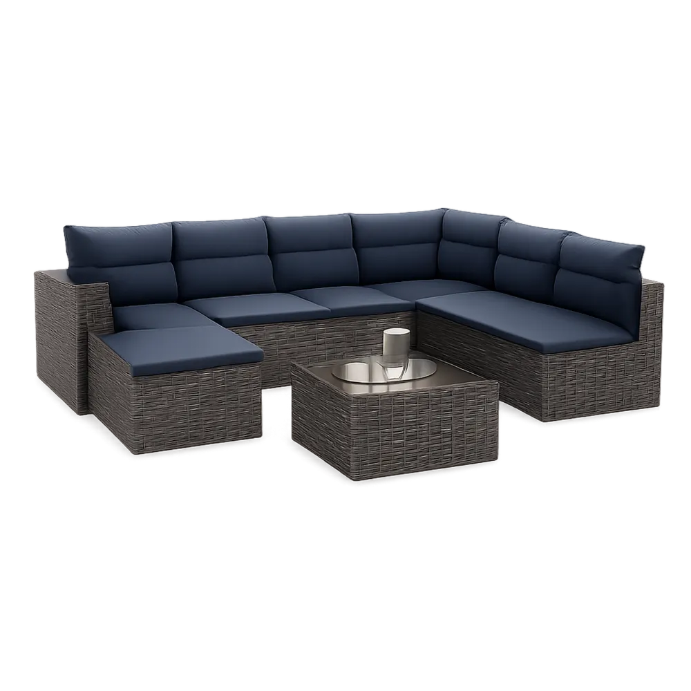 Gartensofa Lounge Set 2-teilig L Form 240 x 180 x 70 cm Polyrattan Aluminiumgestell Dunkelgrau Dunkelblau mit Glastisch