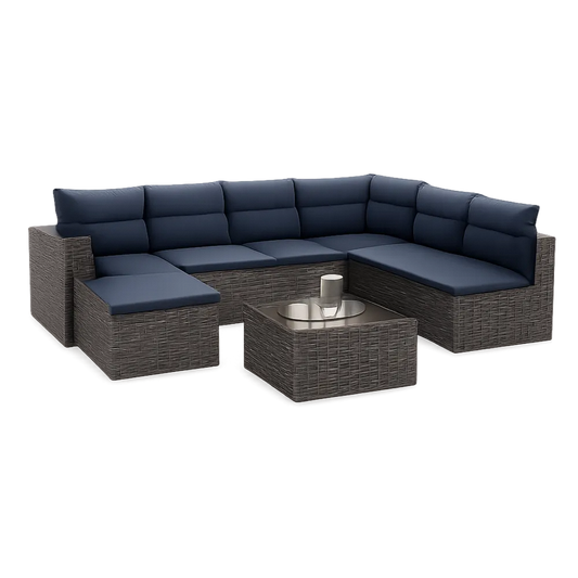 Gartensofa Lounge Set 2-teilig L Form 240 x 180 x 70 cm Polyrattan Aluminiumgestell Dunkelgrau Dunkelblau mit Glastisch